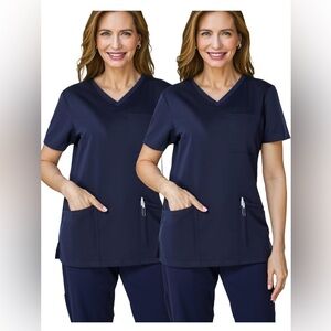 TWO V-neck navy blue scrub tops - large